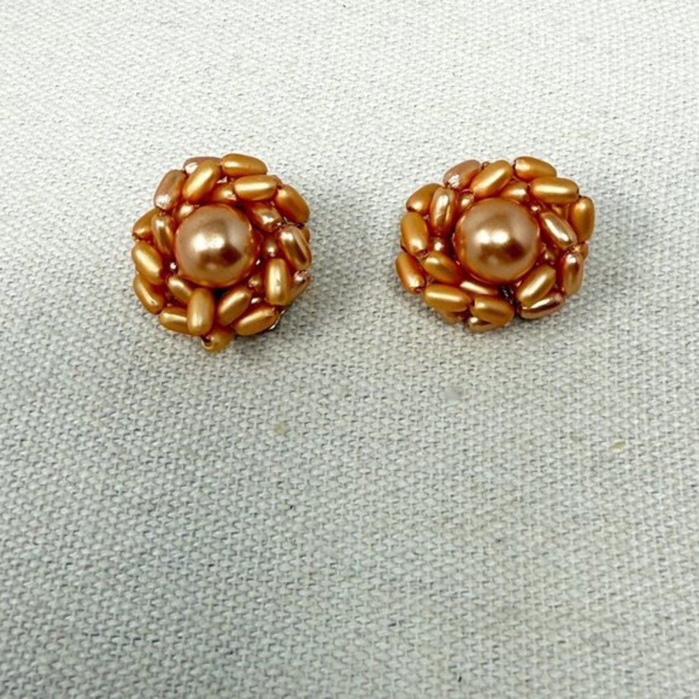 Vintage Cluster‎ Bead Earrings Orange Clip-On Retro Hong Kong Marked